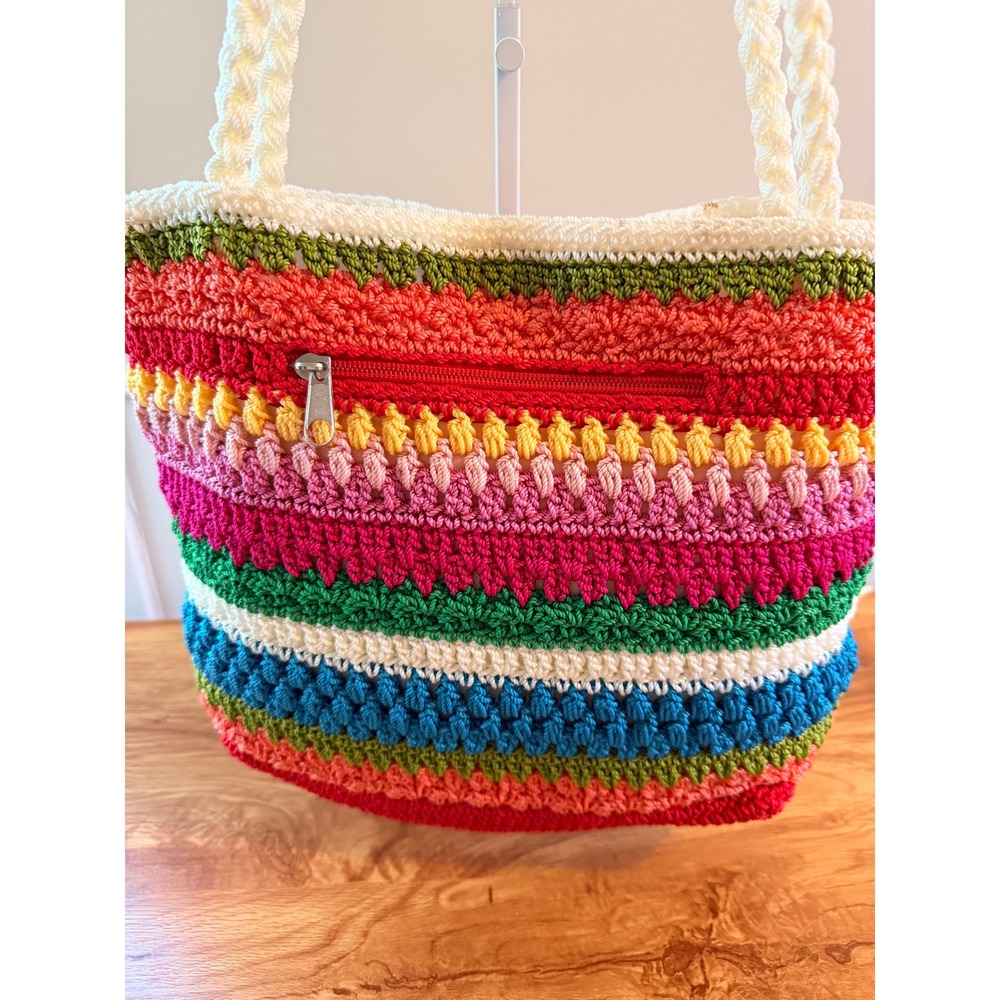 Colorful Crochet Tote Bag Lined Zip Pocket Boho Beach Cottagecore Lina - Picture 5 of 11